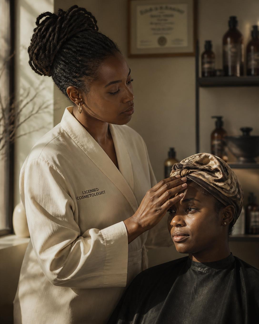 Licensed cosmetologist performing a scalp assessment on a client wearing a silk headwrap