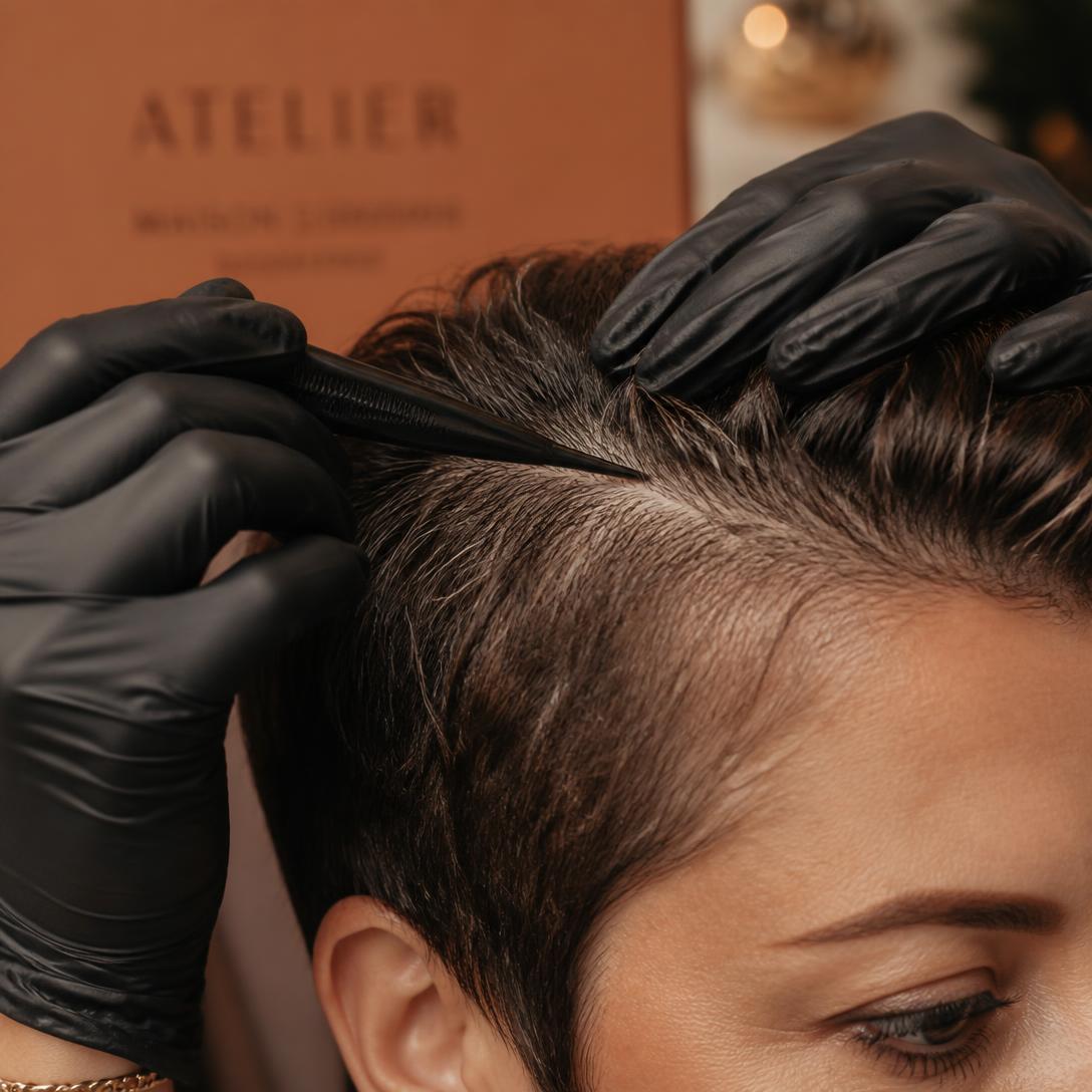 Practitioner sectioning a client's scalp for assessment